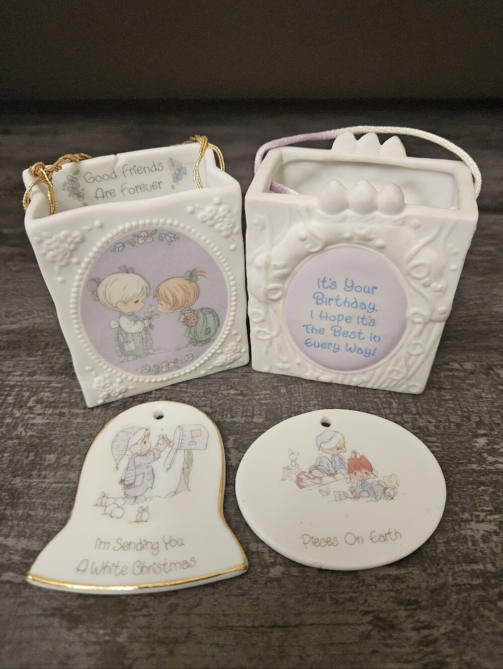 Vintage Precious Moments Porcelain Bundle - Set of 4 (Gift Bags & Ornaments)